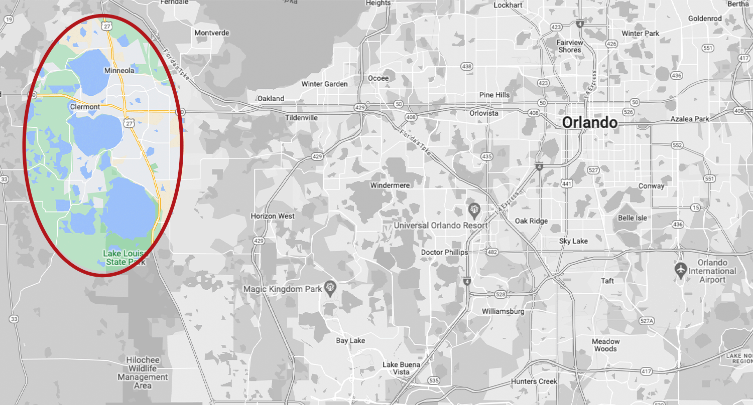 map of orlando with clermont lakes highlighted